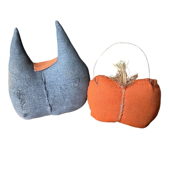 Primitive Cloth Cat Head Pumpkin Folk Art Patchwork Grungy Hand Painted Rustic - Picture 2 of 8